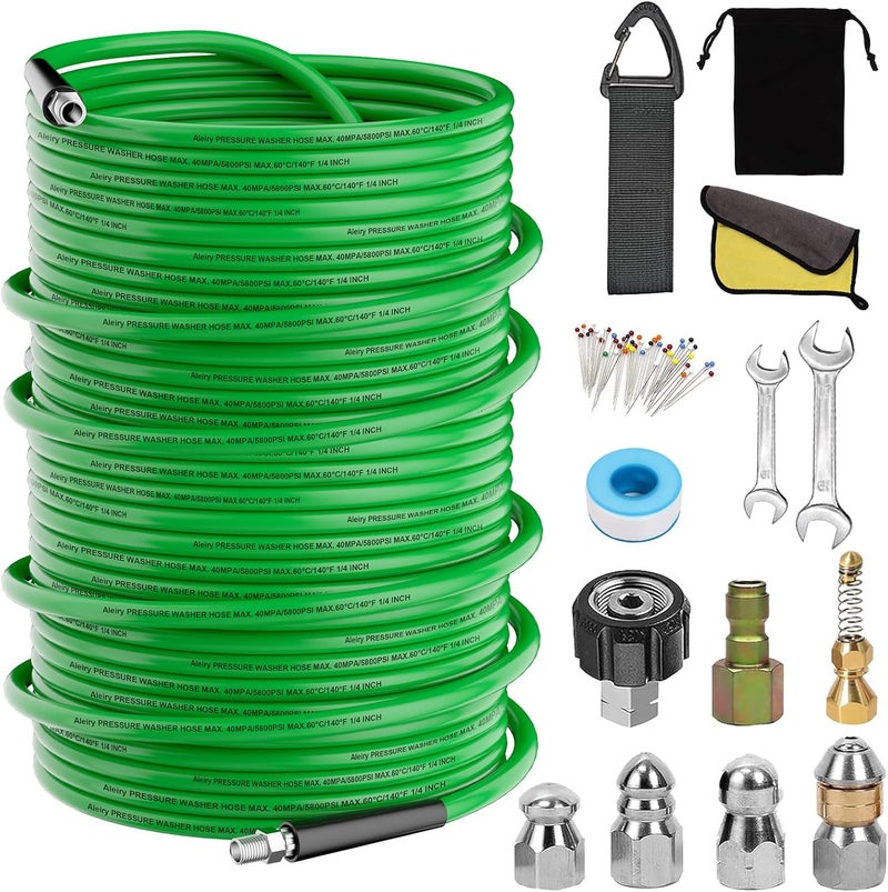 Aleiry Sewer Jetter Kit for Pressure Washer,Water Jet Drain Cleaning Hose with Corner Rotating Button Spring Nose 1/4" NPT Sewer Cleaning Tool High-Pressure Nozzles,5800 PSI 150 FT - Image 1
